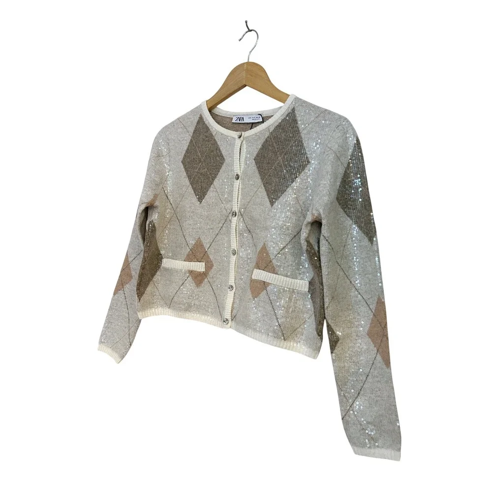Zara Women Argyle Sequin Cropped Cardigan Sweater Tan Cream Wool Blend Small